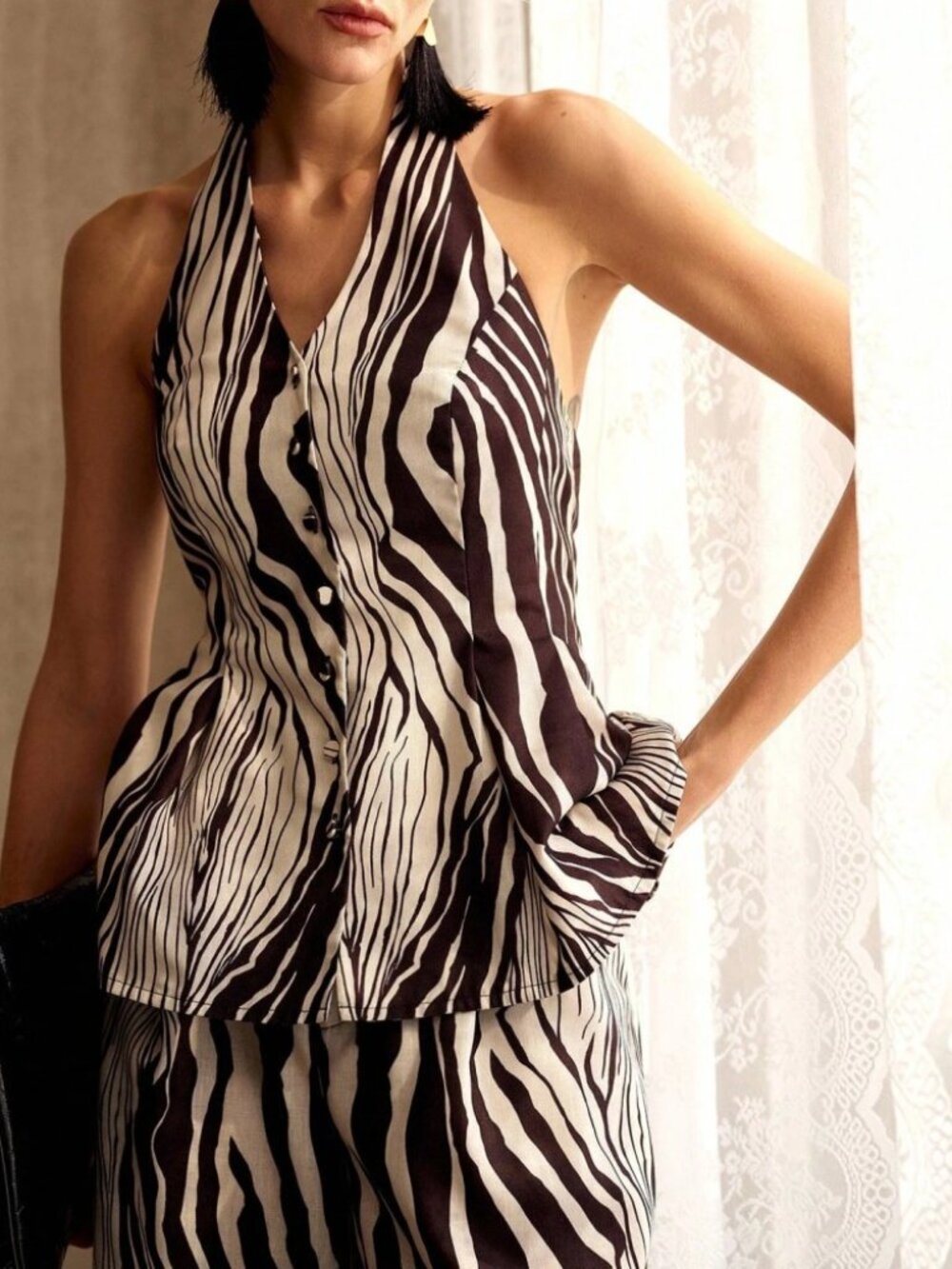 Black and White Abstract Zebra Pattern Halter Button Front Peplum Top